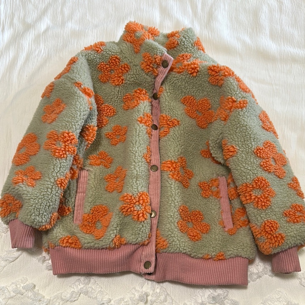 Floral Sherpa Jacket with Orange and Pink Accents